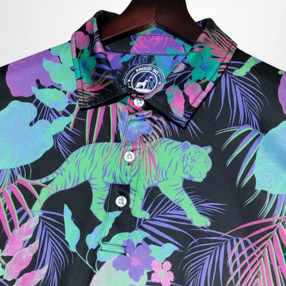 Proud 90 Performance Golf Polo Shirt Mens MED Neon‎ Tiger Tropical Colorful Loud
